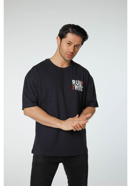 Baskılı Oversize Bisiklet Yaka T-Shirt