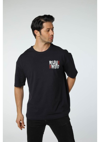 Baskılı Oversize Bisiklet Yaka T-Shirt