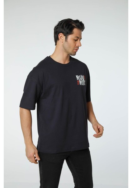 Baskılı Oversize Bisiklet Yaka T-Shirt