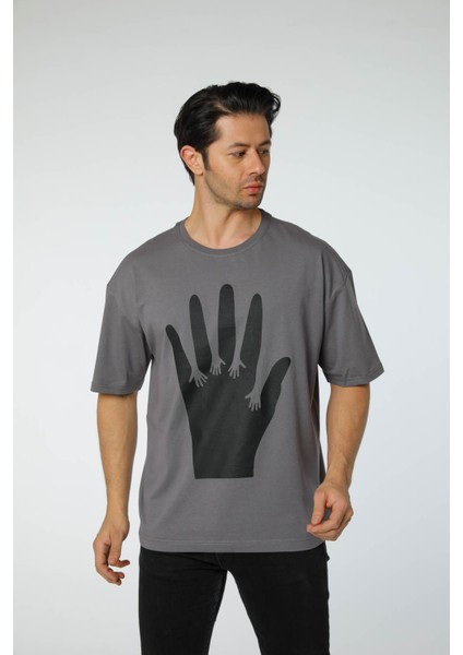 Baskılı Oversize Bisiklet Yaka - T-Shirt