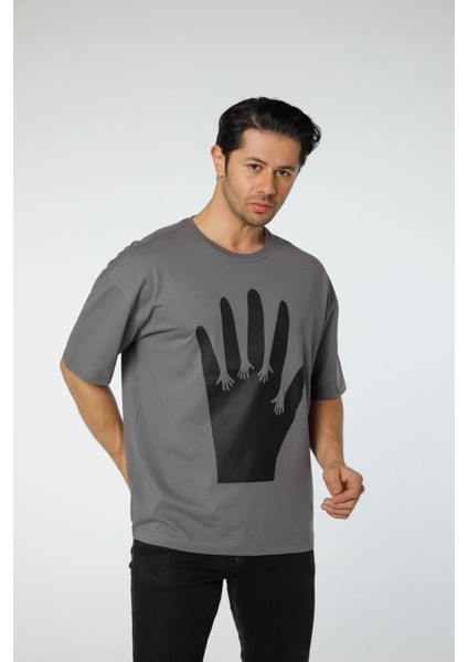 Baskılı Oversize Bisiklet Yaka - T-Shirt
