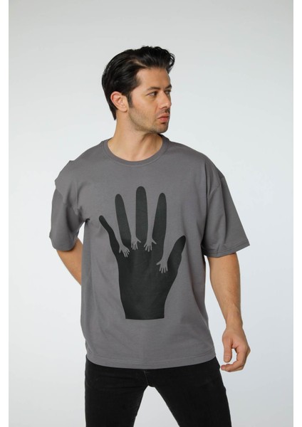 Baskılı Oversize Bisiklet Yaka - T-Shirt