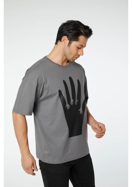 Baskılı Oversize Bisiklet Yaka - T-Shirt