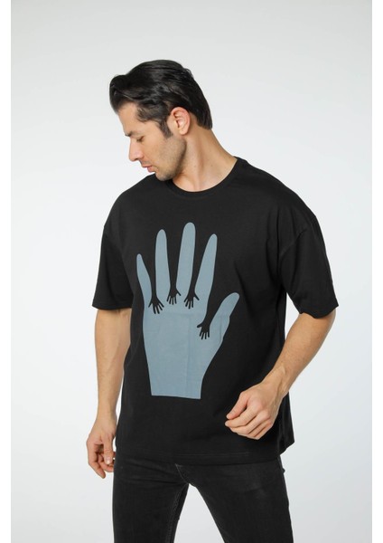 Baskılı Oversize Bisiklet Yaka - T-Shirt