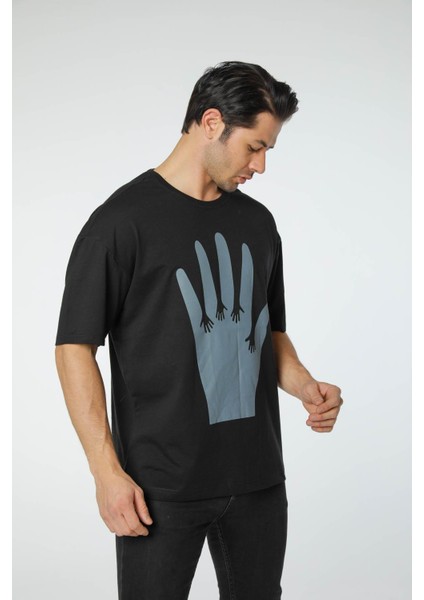 Baskılı Oversize Bisiklet Yaka - T-Shirt