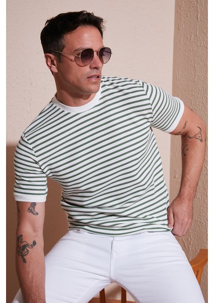 Pamuklu Çizgili Regular Fit Bisiklet Yaka T Shirt Erkek T Shirt 5903005