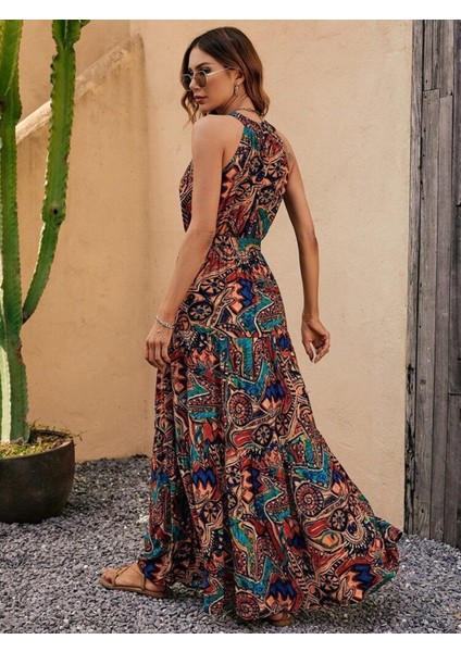 Kadın Kolsuz Halter Yaka Beli Lastikliotantik Desenli Mikro Kumaş Elbise