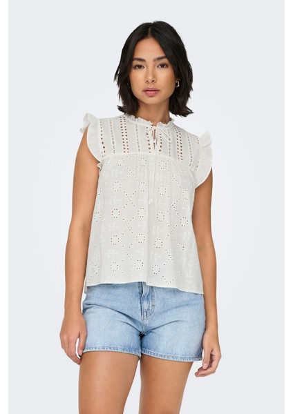 Onlreva Ajurlu % 100 Pamuk Regular Fit Bağlamalı Yaka Bluz Bayan Bluz 15218460