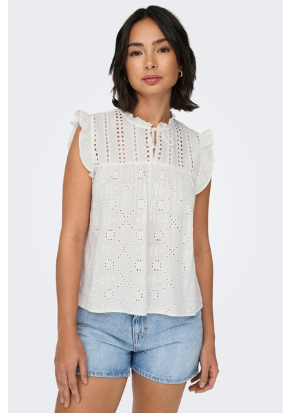 Onlreva Ajurlu % 100 Pamuk Regular Fit Bağlamalı Yaka Bluz Bayan Bluz 15218460 modelleri