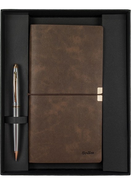 SD700-C2-A Toledo Premıum Defter C7 Kahverengi & Knıght 88 Gold Krom Tükenmez Kalem Seti