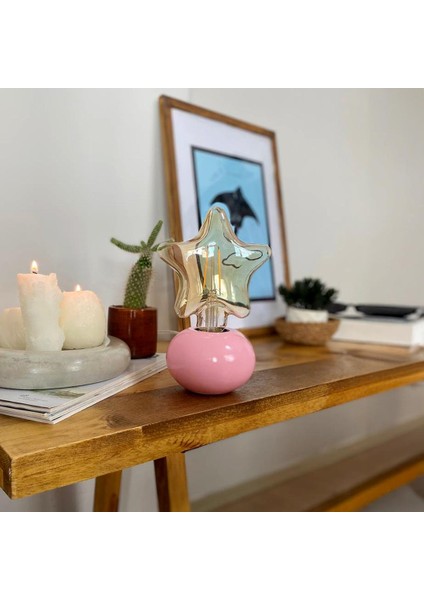 DML01050 - Pembe Küre Gövde 4W Yıldız Rustik Ampul Dekoratif Masa Üstü Lamba