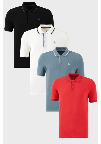 Pamuklu Slim Fit Şerit Detaylı Düğmeli Polo Yaka 4'lü Paket T Shirt Erkek T Shirt 5902118S4