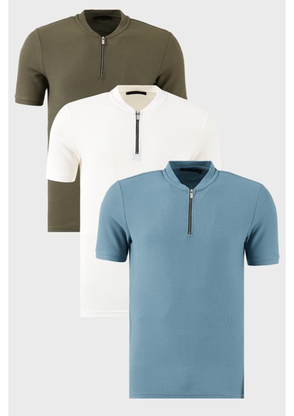 Pamuklu Regular Fit Yarım Fermuarlı Kolej Yaka 3'lü Paket T Shirt Erkek T Shirt 5902653S3