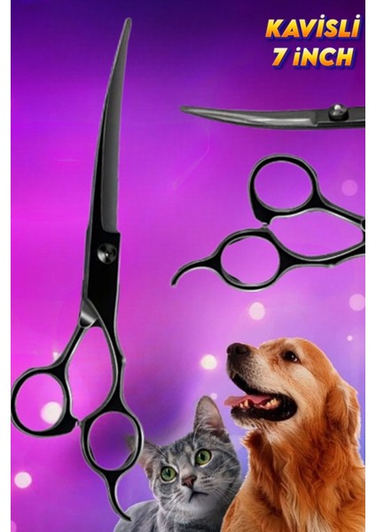 7 Inç Siyah Kavisli Düz Evcil Hayvan Kesim Tıraş Makası Kedi ve Köpekler Için Pet Kuaför Makası