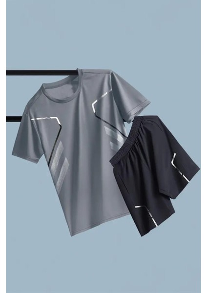 Tosta Erkek Mikro Polyester Baskılı Yürüyüş ve Koşu Antreman Sporcu Tişört Şort Alt Üst Ikili Takım