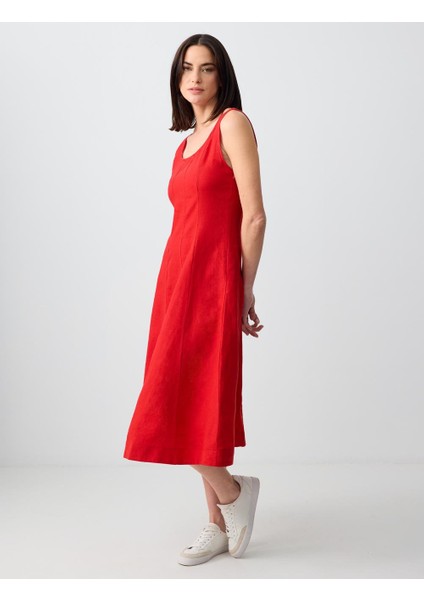 Kırmızı U Yaka Kolsuz Keten Midi Elbise fiyatları