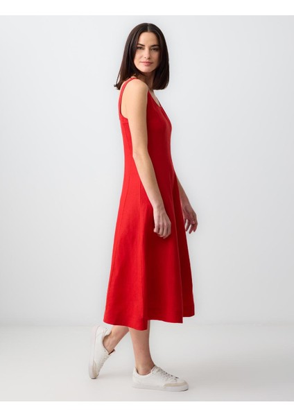Kırmızı U Yaka Kolsuz Keten Midi Elbise modelleri