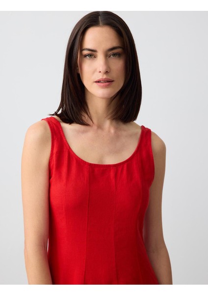 Kırmızı U Yaka Kolsuz Keten Midi Elbise fırsatları