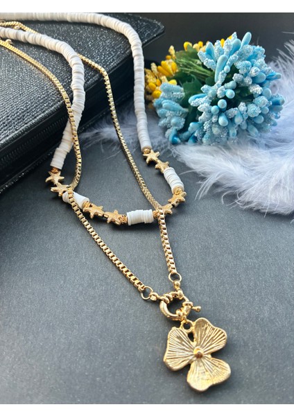 Beyaz Fimo Boncuklu Deniz Yıldızı ve Çiçek Detaylı Kararmaz Altın Kaplama Zincirli Ikili Kolye