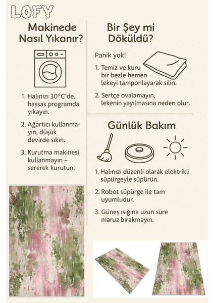 Pastel Renkli Halı – Pembe Yeşil Modern Fırça Desenli | Kaymaz Taban | Kolay Temizlik