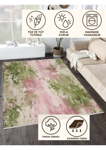 Pastel Renkli Halı – Pembe Yeşil Modern Fırça Desenli | Kaymaz Taban | Kolay Temizlik