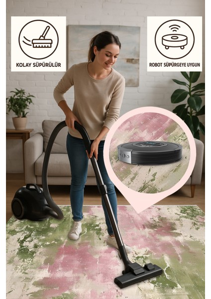 Pastel Renkli Halı – Pembe Yeşil Modern Fırça Desenli | Kaymaz Taban | Kolay Temizlik