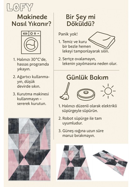 Geometrik Desenli Modern Halı – Gri & Pembe | Yıkanabilir Kaymaz Halı | Trend Dekoratif Model