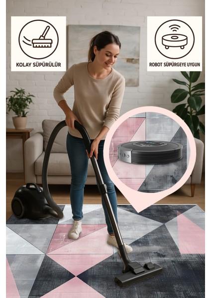 Geometrik Desenli Modern Halı – Gri & Pembe | Yıkanabilir Kaymaz Halı | Trend Dekoratif Model