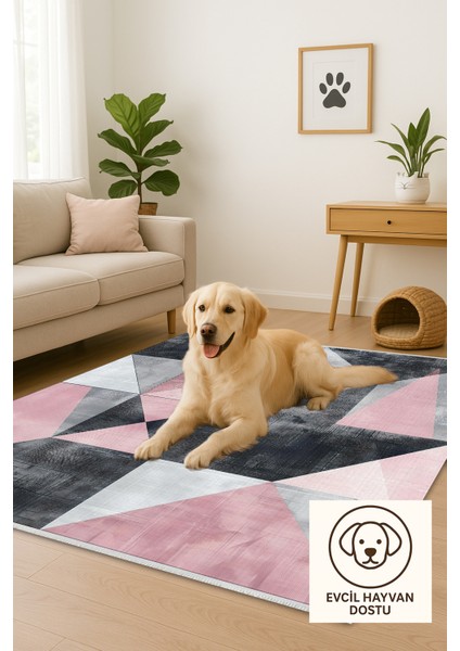 Geometrik Desenli Modern Halı – Gri & Pembe | Yıkanabilir Kaymaz Halı | Trend Dekoratif Model