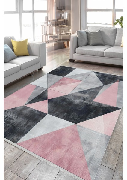 Geometrik Desenli Modern Halı – Gri & Pembe | Yıkanabilir Kaymaz Halı | Trend Dekoratif Model