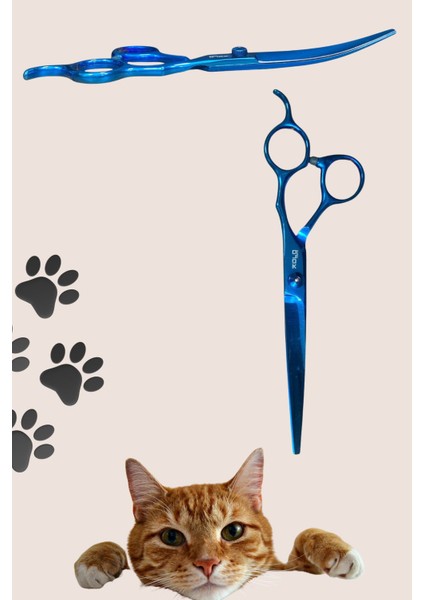 Platin Mavi Paslanmaz Çelik Oval(Kavisli) 7 Inç Petshop Kuaför Kedi Makası