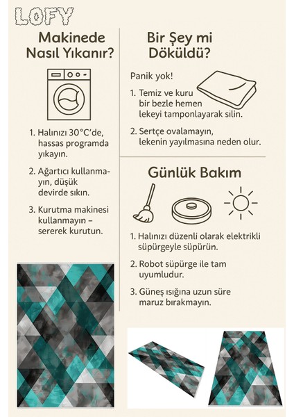 Geometrik Desenli Modern Halı – Kaymaz Tabanlı, Yıkanabilir, Robot Süpürge Uyumlu