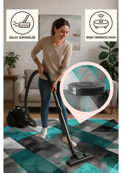 Geometrik Desenli Modern Halı – Kaymaz Tabanlı, Yıkanabilir, Robot Süpürge Uyumlu