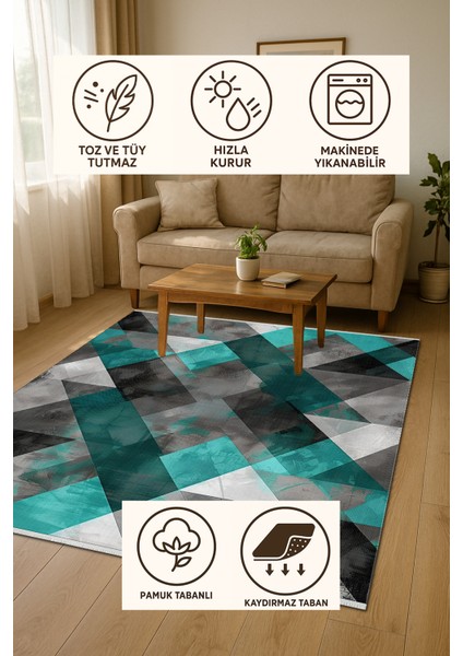 Geometrik Desenli Modern Halı – Kaymaz Tabanlı, Yıkanabilir, Robot Süpürge Uyumlu