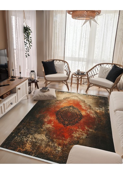 Oryantal Kırmızı Salon Halısı – Eskitme Vintage Desen, Makinede Yıkanabilir, Kaymaz Taban