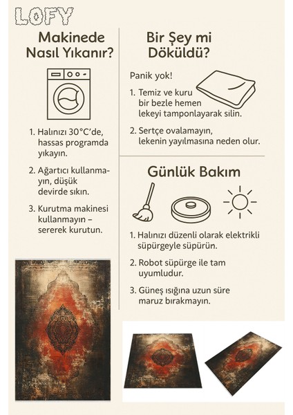 Oryantal Kırmızı Salon Halısı – Eskitme Vintage Desen, Makinede Yıkanabilir, Kaymaz Taban