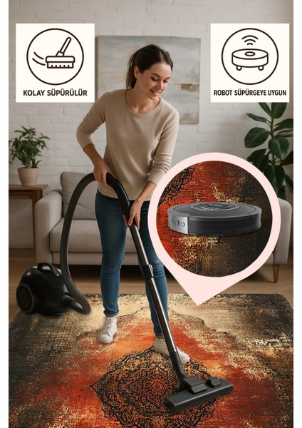 Oryantal Kırmızı Salon Halısı – Eskitme Vintage Desen, Makinede Yıkanabilir, Kaymaz Taban