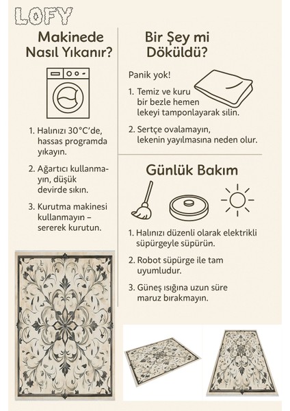 Klasik Desenli Halı, Yıkanabilir, Kaymaz Tabanlı, Gri Siyah Barok Motifli, Şık ve Zamansız Tasarım