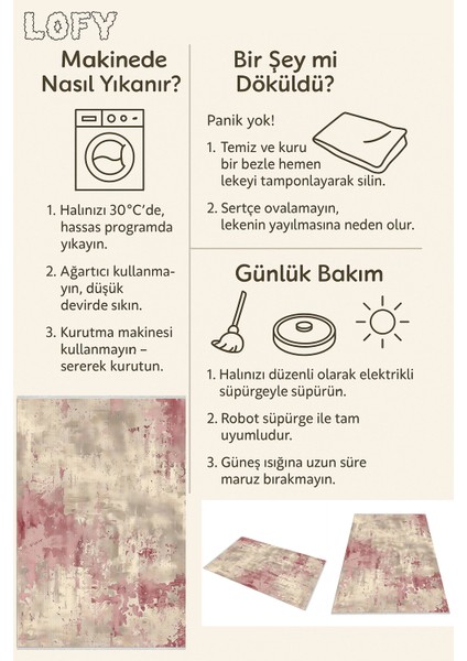 Pudra Bej Desenli Yıkanabilir Halı, Kaymaz Tabanlı, Dostu, Robot Süpürge Uyumlu, Minimal Stil