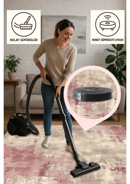 Pudra Bej Desenli Yıkanabilir Halı, Kaymaz Tabanlı, Dostu, Robot Süpürge Uyumlu, Minimal Stil