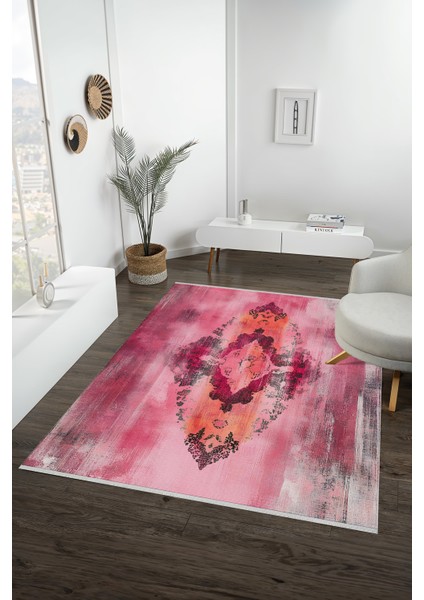 Pembe Turuncu Modern Desenli Halı, Kaymaz Tabanlı, Yıkanabilir, Toz Tutmaz, Canlı Renkli Tasarım