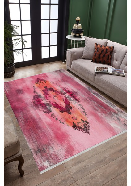 Pembe Turuncu Modern Desenli Halı, Kaymaz Tabanlı, Yıkanabilir, Toz Tutmaz, Canlı Renkli Tasarım