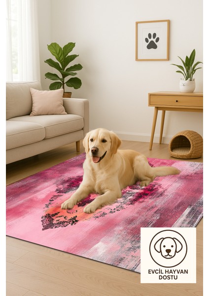 Pembe Turuncu Modern Desenli Halı, Kaymaz Tabanlı, Yıkanabilir, Toz Tutmaz, Canlı Renkli Tasarım