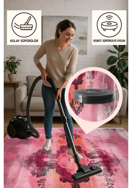 Pembe Turuncu Modern Desenli Halı, Kaymaz Tabanlı, Yıkanabilir, Toz Tutmaz, Canlı Renkli Tasarım