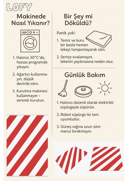 Kırmızı Beyaz Çizgili Halı – Yıkanabilir, Kaymaz, Hijyenik ve Enerji Veren Tasarım