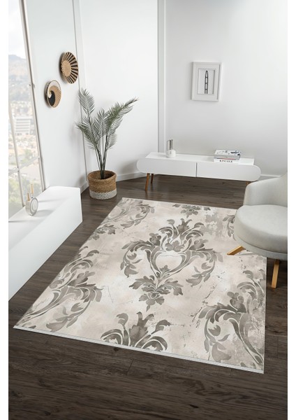 Klasik Damask Desenli Halı, Bej Gri Renk, Kaymaz Tabanlı, Yıkanabilir, Zarif Salon Dekoru Için