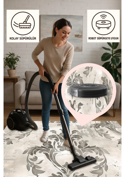 Klasik Damask Desenli Halı, Bej Gri Renk, Kaymaz Tabanlı, Yıkanabilir, Zarif Salon Dekoru Için