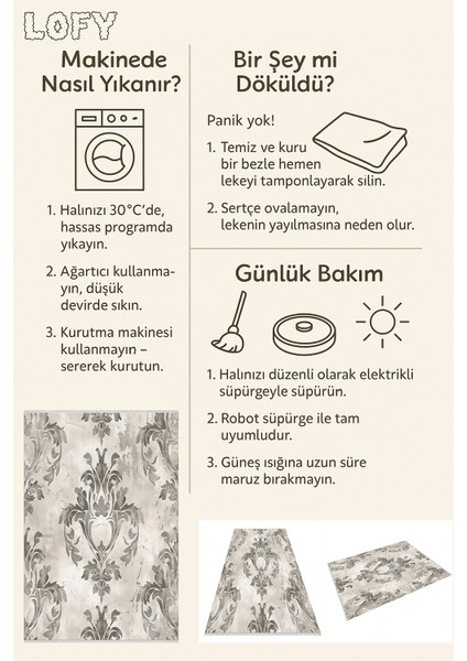 Klasik Damask Desenli Halı, Bej Gri Renk, Kaymaz Tabanlı, Yıkanabilir, Zarif Salon Dekoru Için