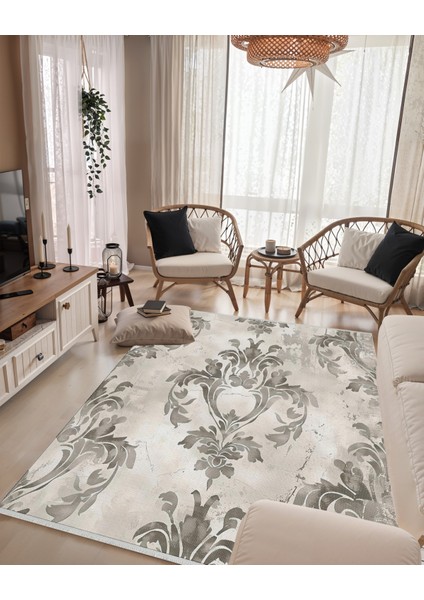 Klasik Damask Desenli Halı, Bej Gri Renk, Kaymaz Tabanlı, Yıkanabilir, Zarif Salon Dekoru Için