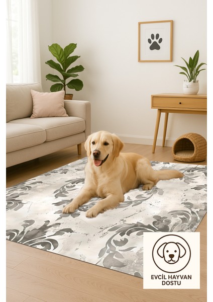 Klasik Damask Desenli Halı, Bej Gri Renk, Kaymaz Tabanlı, Yıkanabilir, Zarif Salon Dekoru Için
